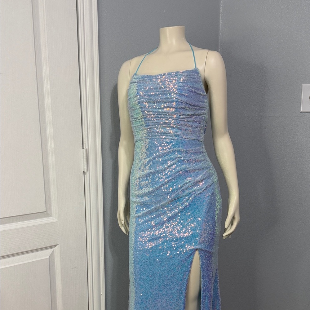 Iridescent Light Blue Sequin Halter Evening Dress